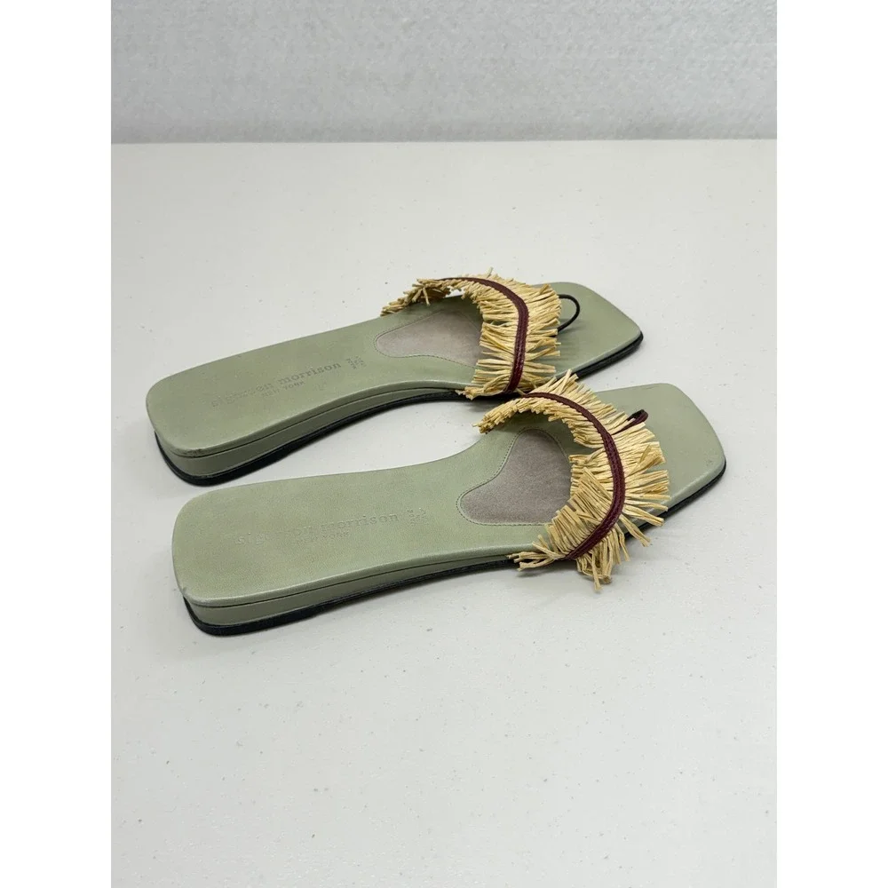 Sigerson Morrison Green Leather Raffia Fringe Thong Flat Sandals Square Toe 9